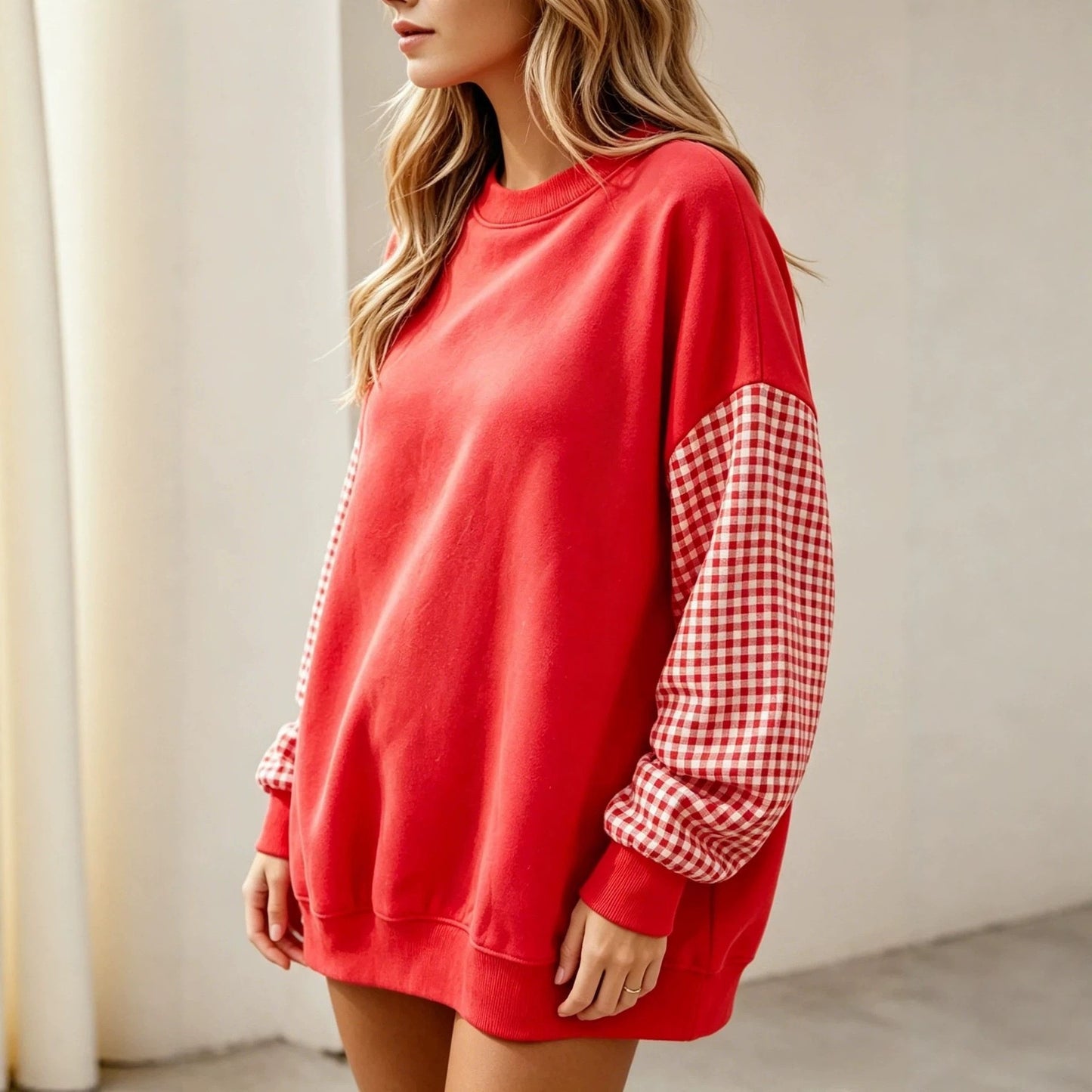 Gingham Sleeve Oversized Crewneck Sweatshirt