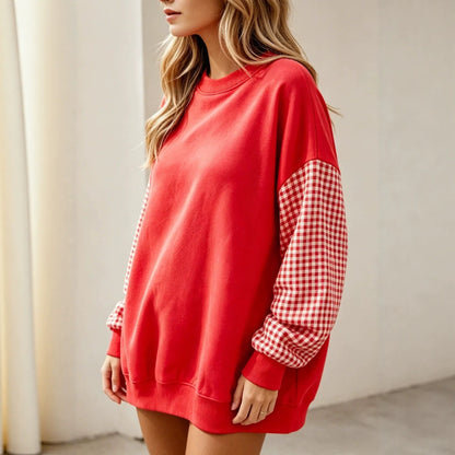 Gingham Sleeve Oversized Crewneck Sweatshirt