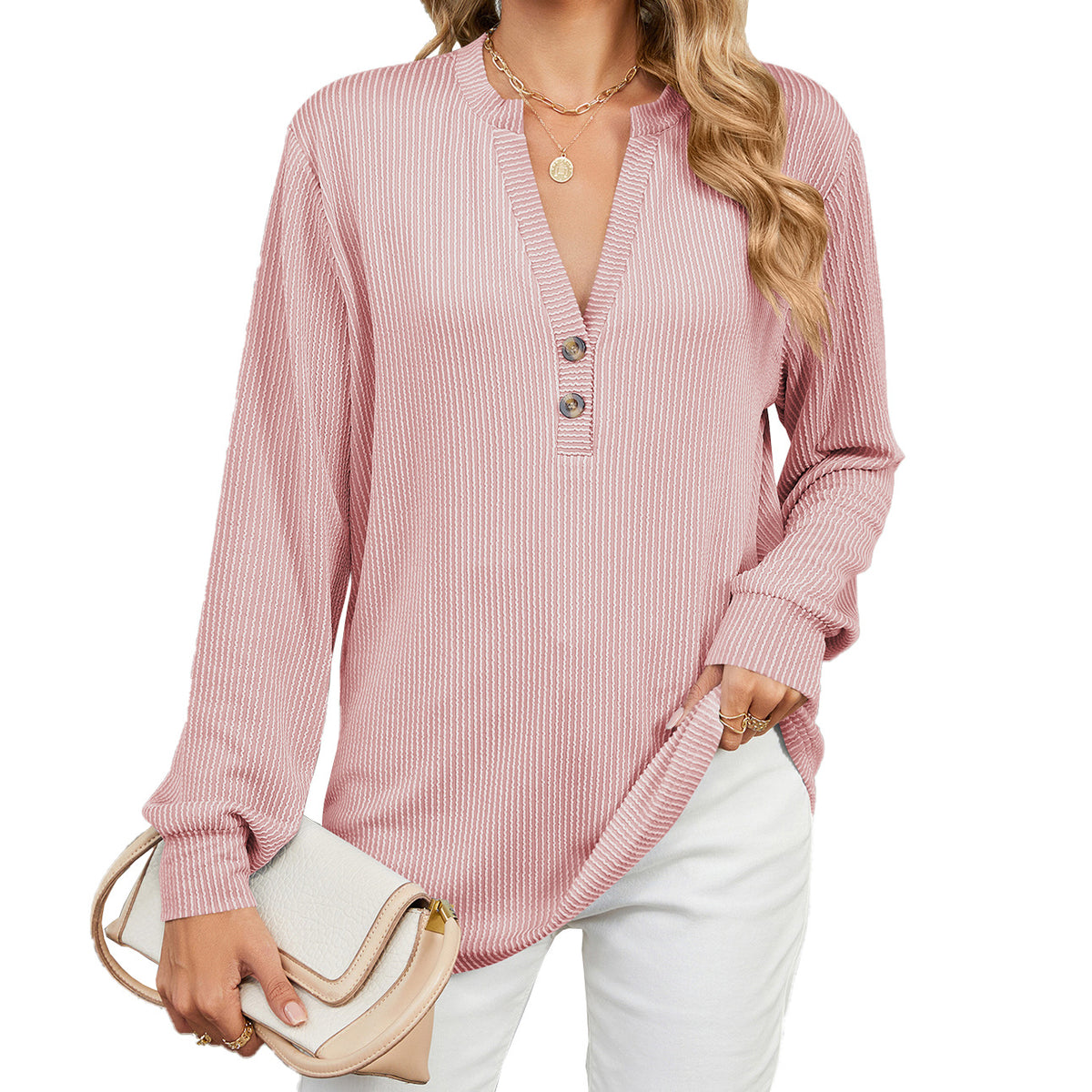Women's Oversized Ribbed V Neck Button Long Sleeve Top