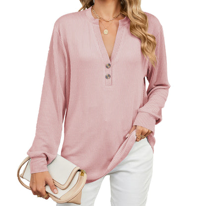 Women's Oversized Ribbed V Neck Button Long Sleeve Top
