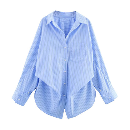 Oversized Striped Collared Shirt Long Sleeve Pocket