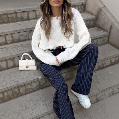 Women's Navy Striped High Waist Wide Leg Trousers