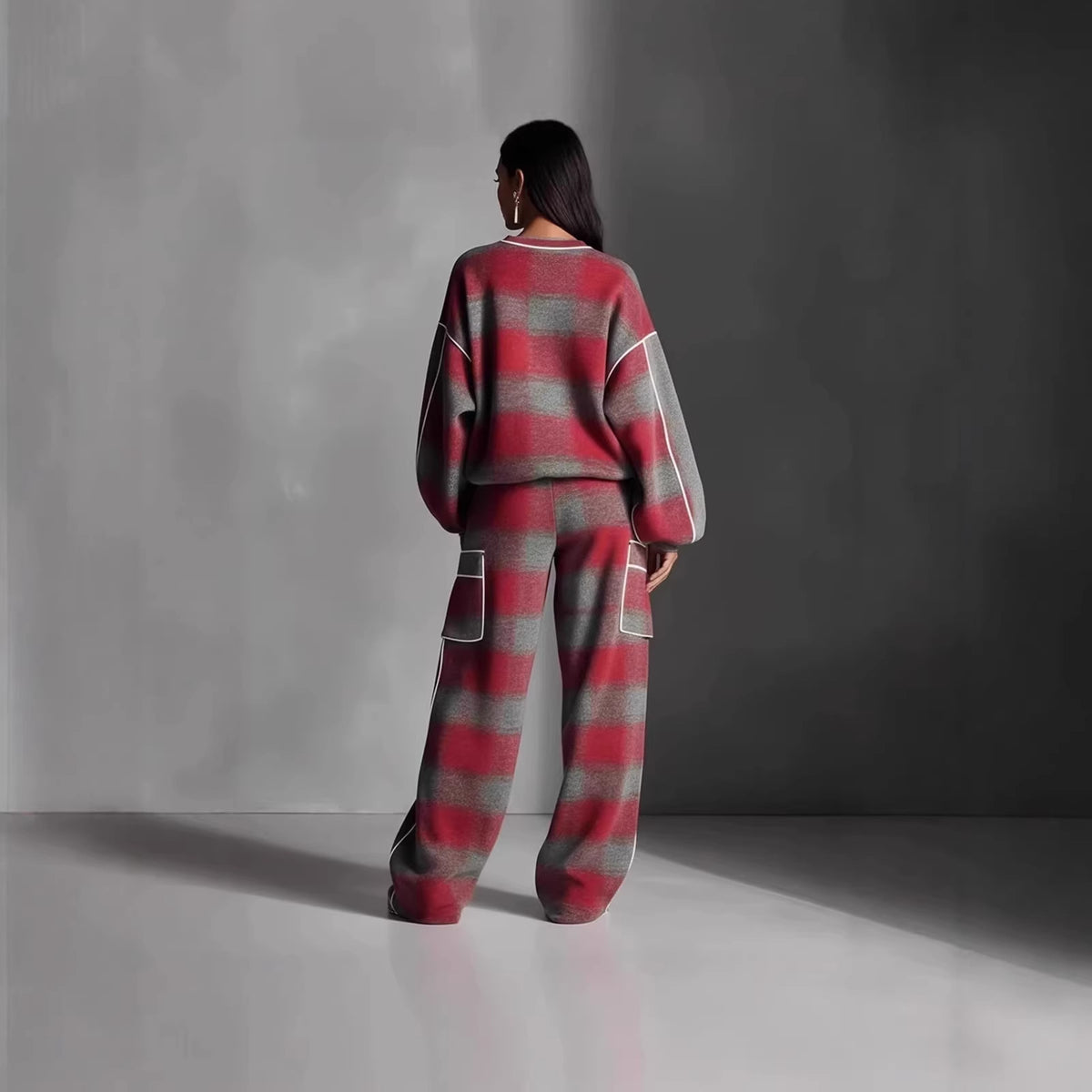 Women's Plaid Piping Oversized Sweatshirt & Pants Set