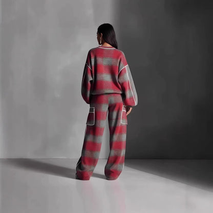 Women's Plaid Piping Oversized Sweatshirt & Pants Set