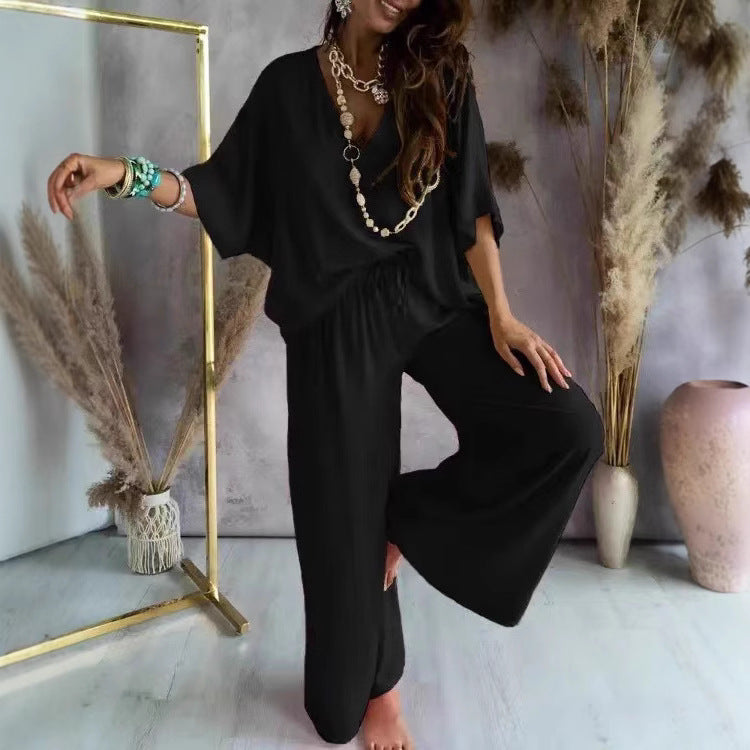 Women's V-Neck Batwing Wide Leg Pants 2-Piece Set