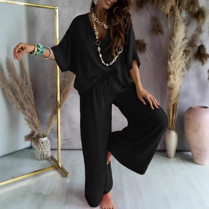 Women's V-Neck Batwing Wide Leg Pants 2-Piece Set