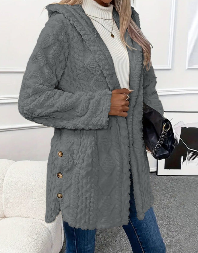 Textured Faux Fur Hooded Jacket Longline Coat