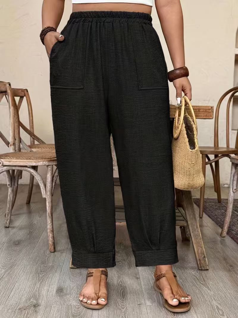 Plus Size Linen Look Elastic Waist Tapered Pants