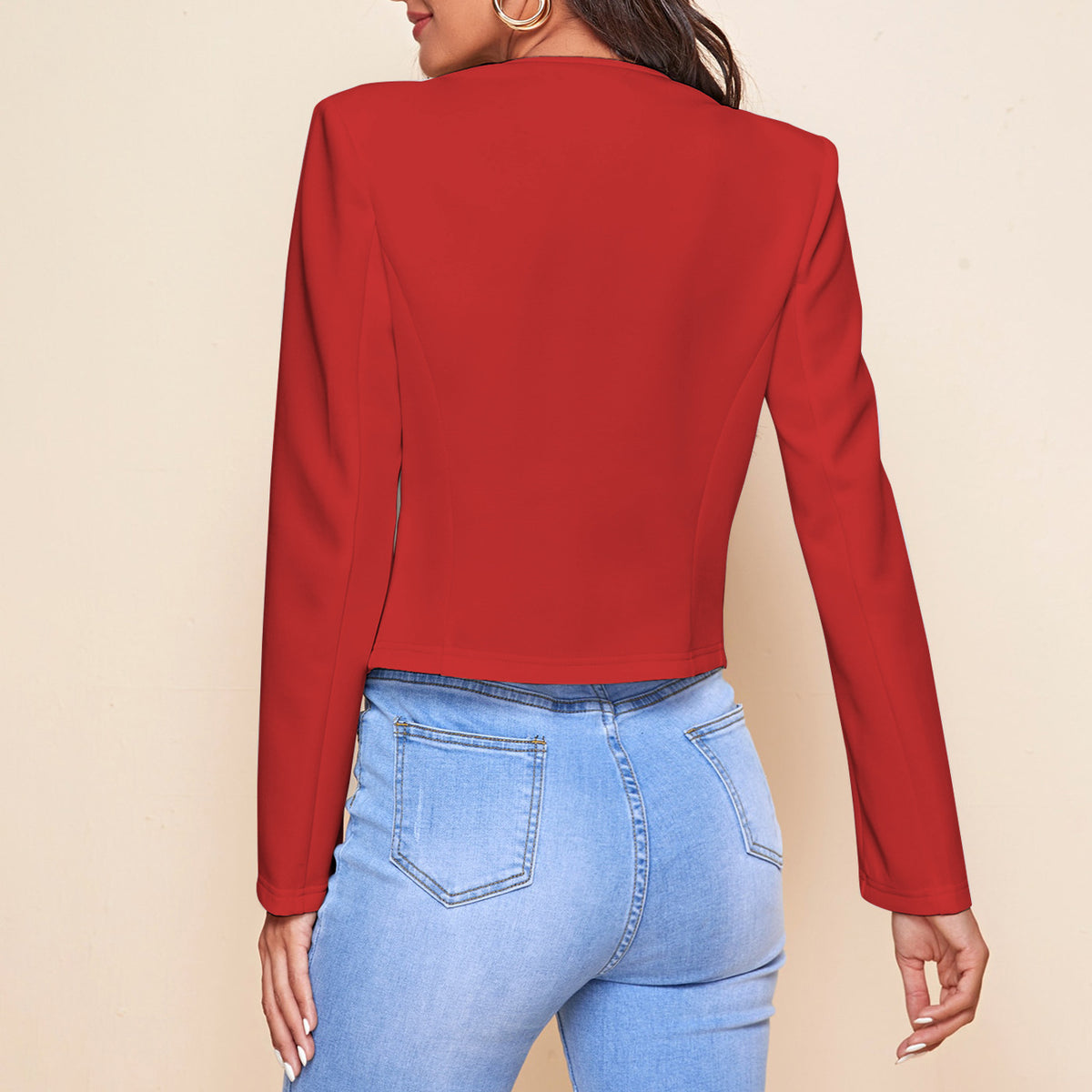 Women's Cropped Blazer Open Front Zip Pocket Jacket