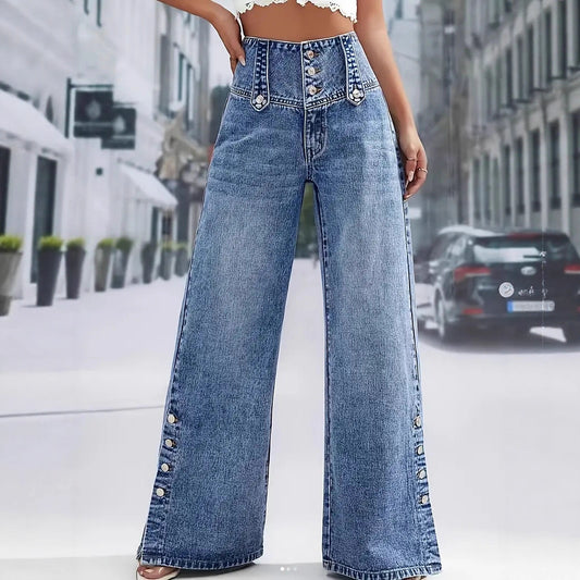 Vintage High Waist Button Wide Leg Split Hem Jeans