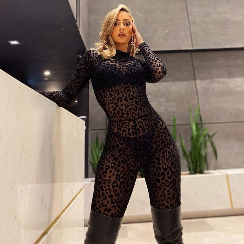 Sexy Sheer Flocked Leopard Mesh Long Sleeve Jumpsuit