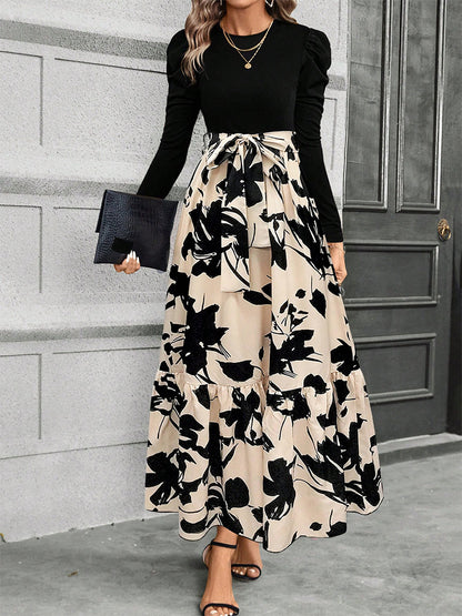 Women's Floral Tiered Maxi Dress Long Sleeve Belted Casual