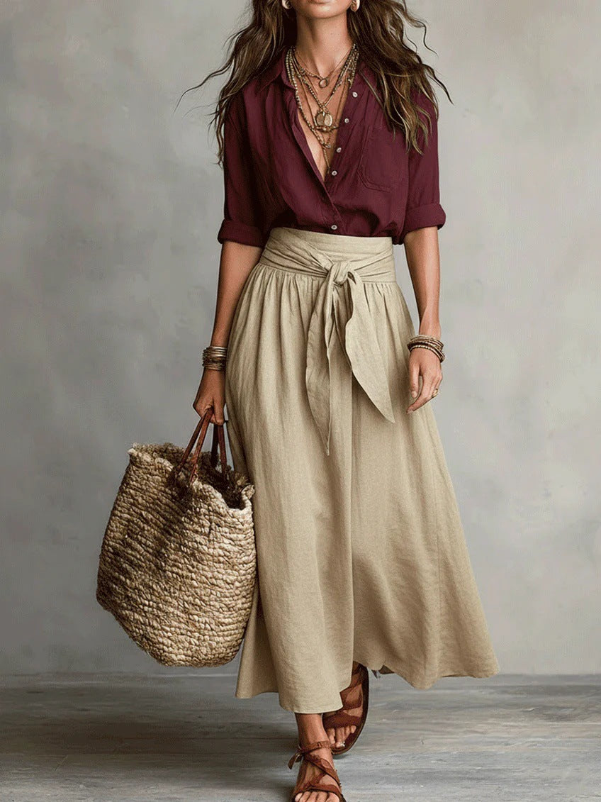 Women's Color Block Shirt & Skirt Two Piece Set