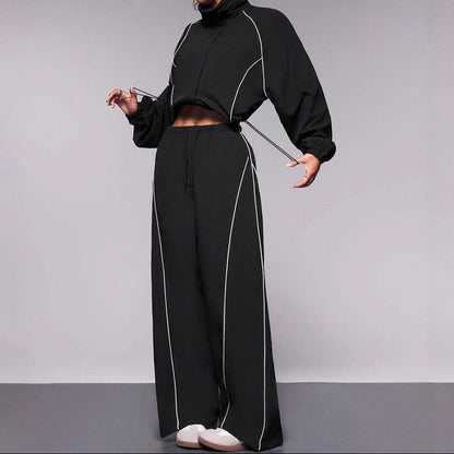 Women's Contrast Drawstring Two Piece Wide Leg Pants Set