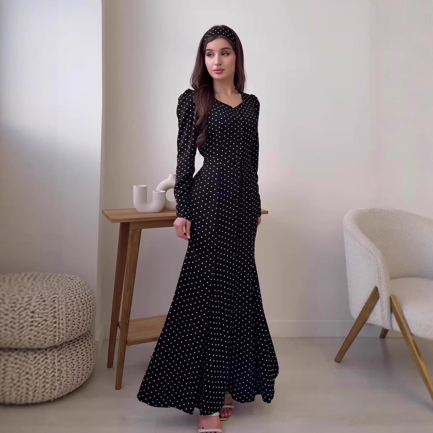 Long Sleeve Square Neck Polka Dot Button Front Maxi Dress