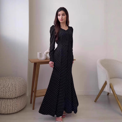 Long Sleeve Square Neck Polka Dot Button Front Maxi Dress
