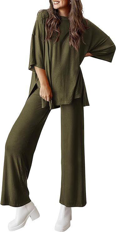 Women's 2 Piece Lounge Set Short Sleeve Top Wide Leg Pants