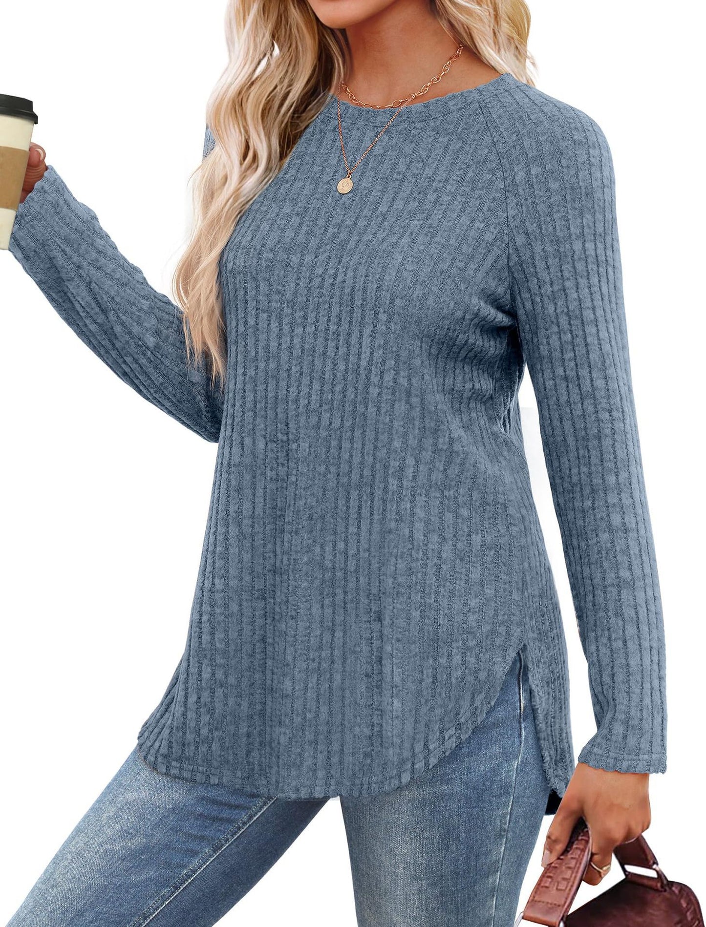 Women's Ribbed Brushed Long Sleeve Crew Neck Curved Hem Top