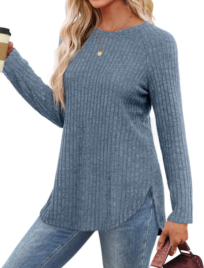 Women's Ribbed Brushed Long Sleeve Crew Neck Curved Hem Top