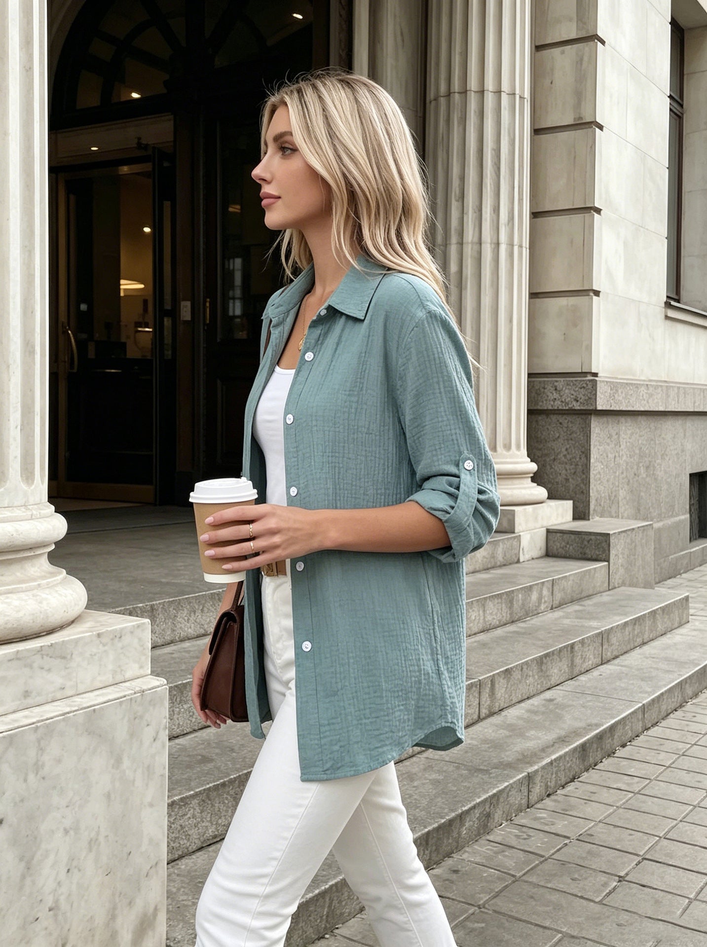 Textured Gauze Button Shirt Roll Tab Sleeve Top