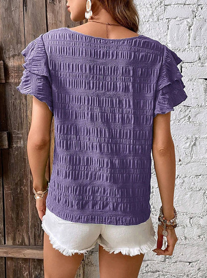 Ruffle Sleeve Crew Neck Casual Summer Blouse Top