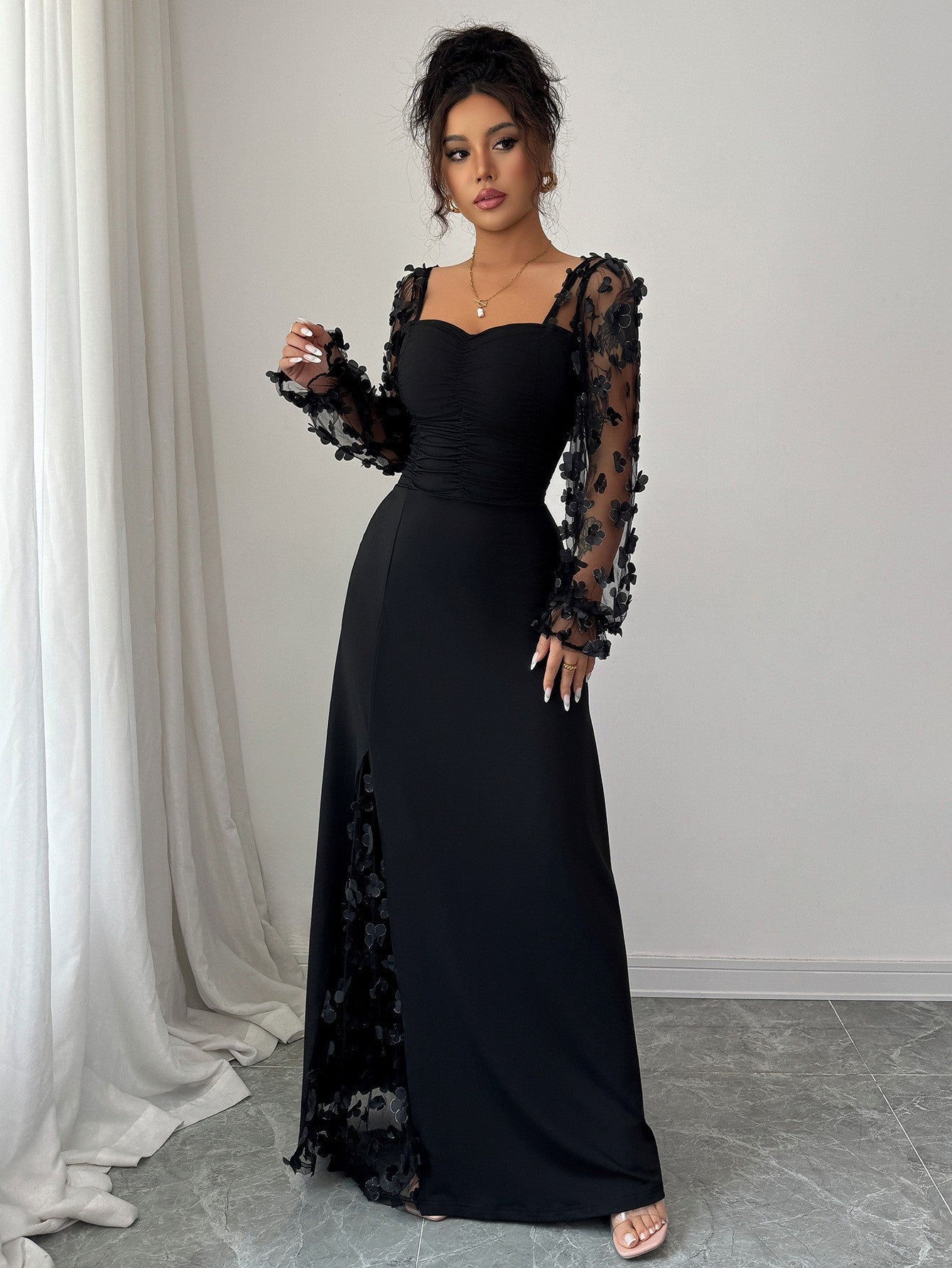 Square Neck Puff Sleeve Floral Mesh A-Line Maxi Dress