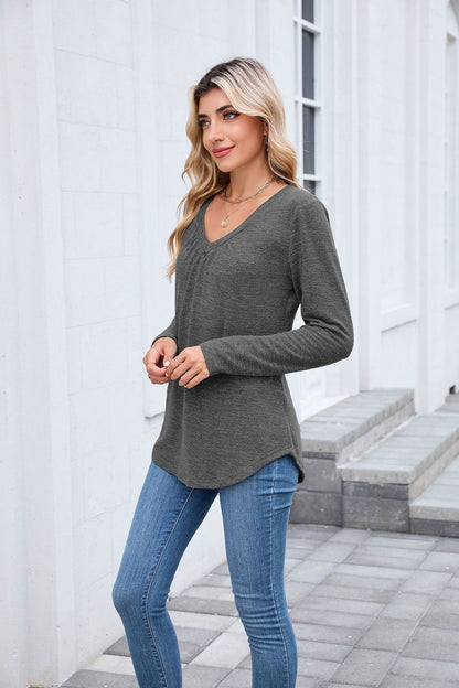 Women's Ruched V Neck Long Sleeve Loose Tunic Top