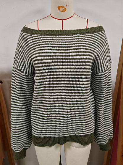 Women's Off Shoulder Striped Balloon Sleeve Sweater