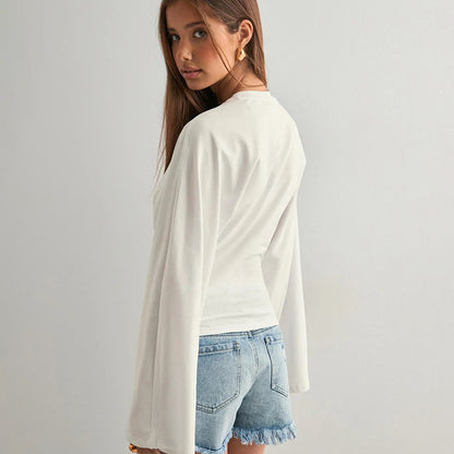 Women's Solid Batwing Long Sleeve Cinched Waist Crop Top