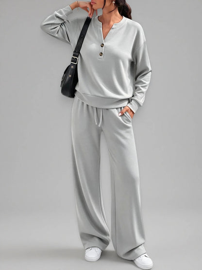 Women's 2 Piece Lounge Set Henley Wide Leg Pants