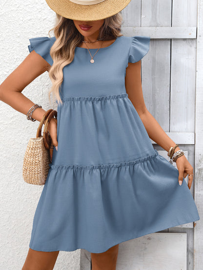 Solid Chiffon Mini Dress Boho Tiered Ruffle Flutter Sleeve