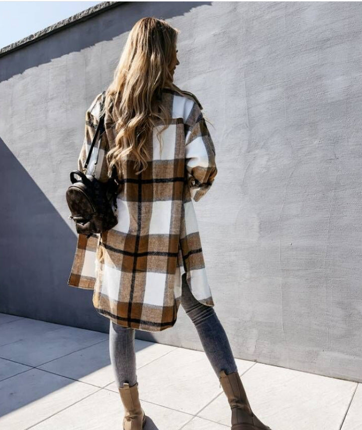 Women's Plaid Shacket Long Sleeve Button Down Shirt