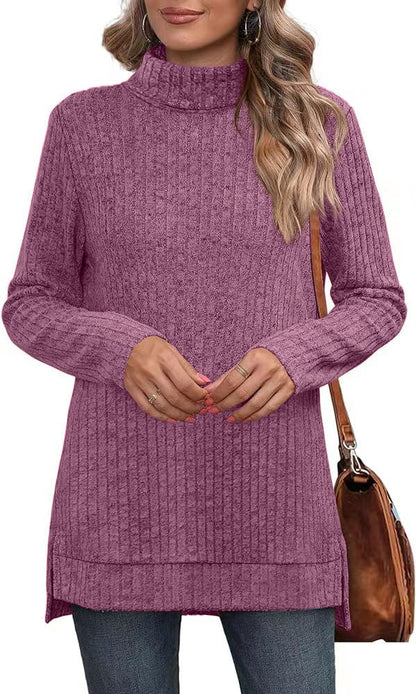 Oversized Ribbed Turtleneck Tunic Top Side Split