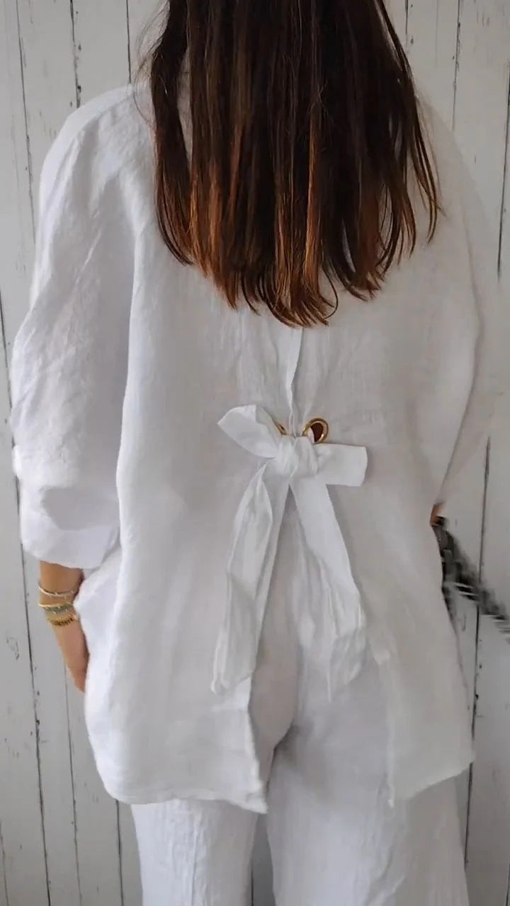 Cotton Linen Tie Back Button Down Shirt Long Sleeve