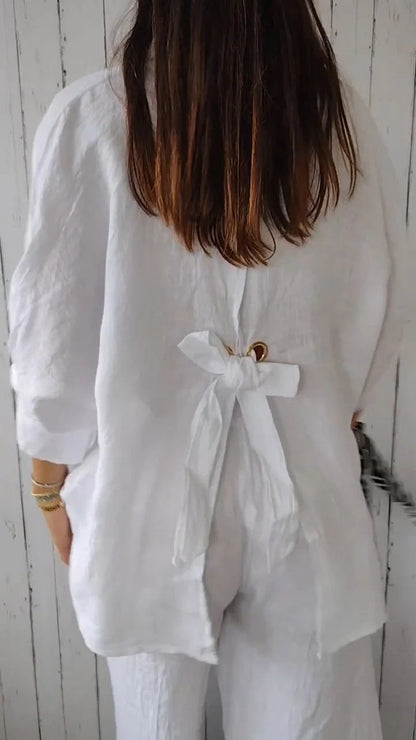 Cotton Linen Tie Back Button Down Shirt Long Sleeve