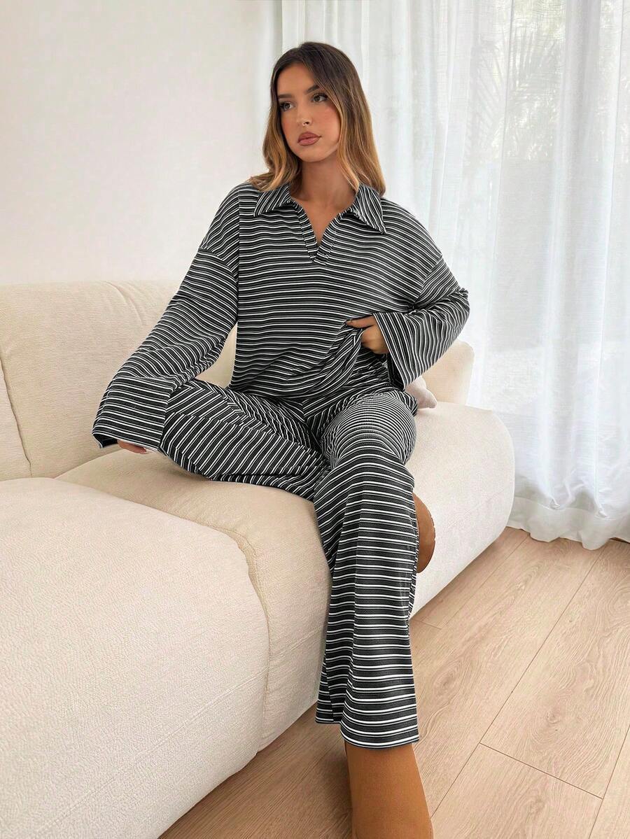 Striped Lounge Set Women Collared Pullover Wide Leg Pants