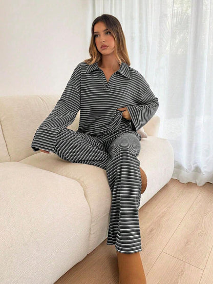 Striped Lounge Set Women Collared Pullover Wide Leg Pants