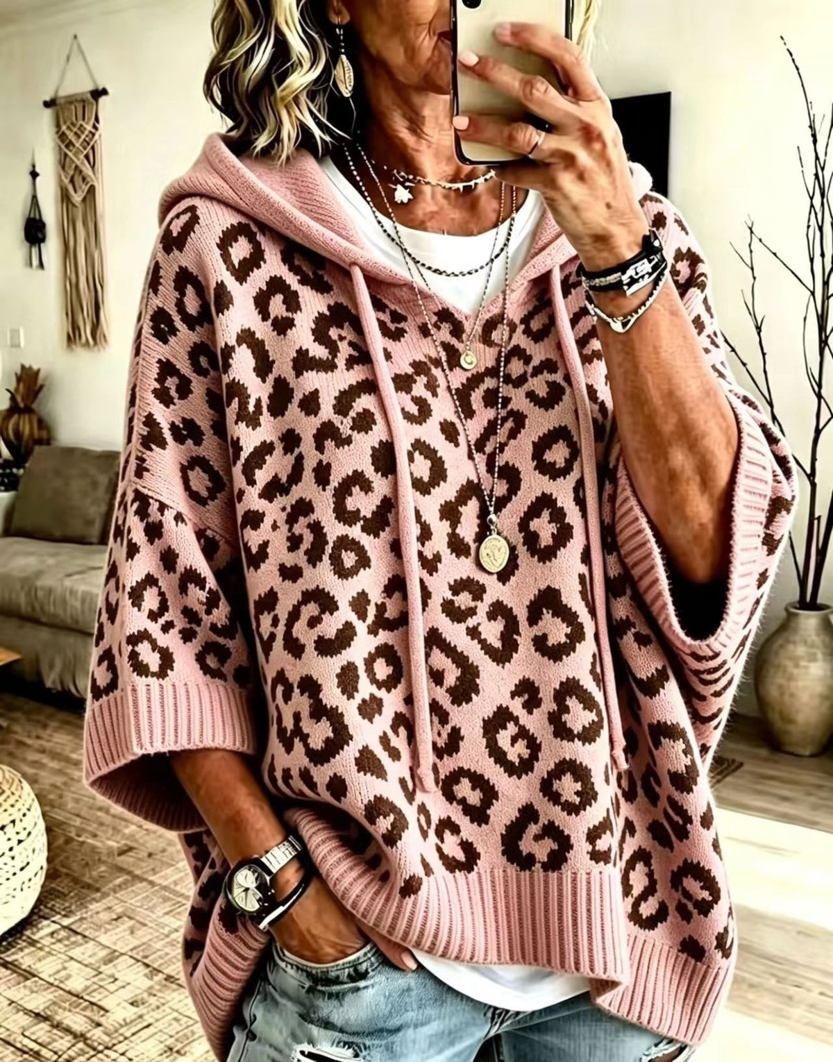 Women's Leopard Print Oversized Hooded Knit Sweater