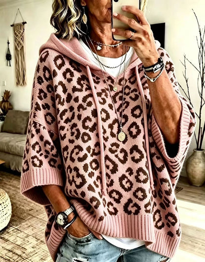 Women's Leopard Print Oversized Hooded Knit Sweater