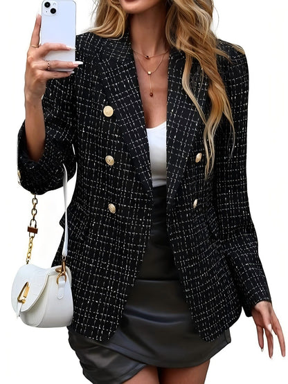 Women's Plaid Double Breasted Blazer Slim Fit Office Jacket
