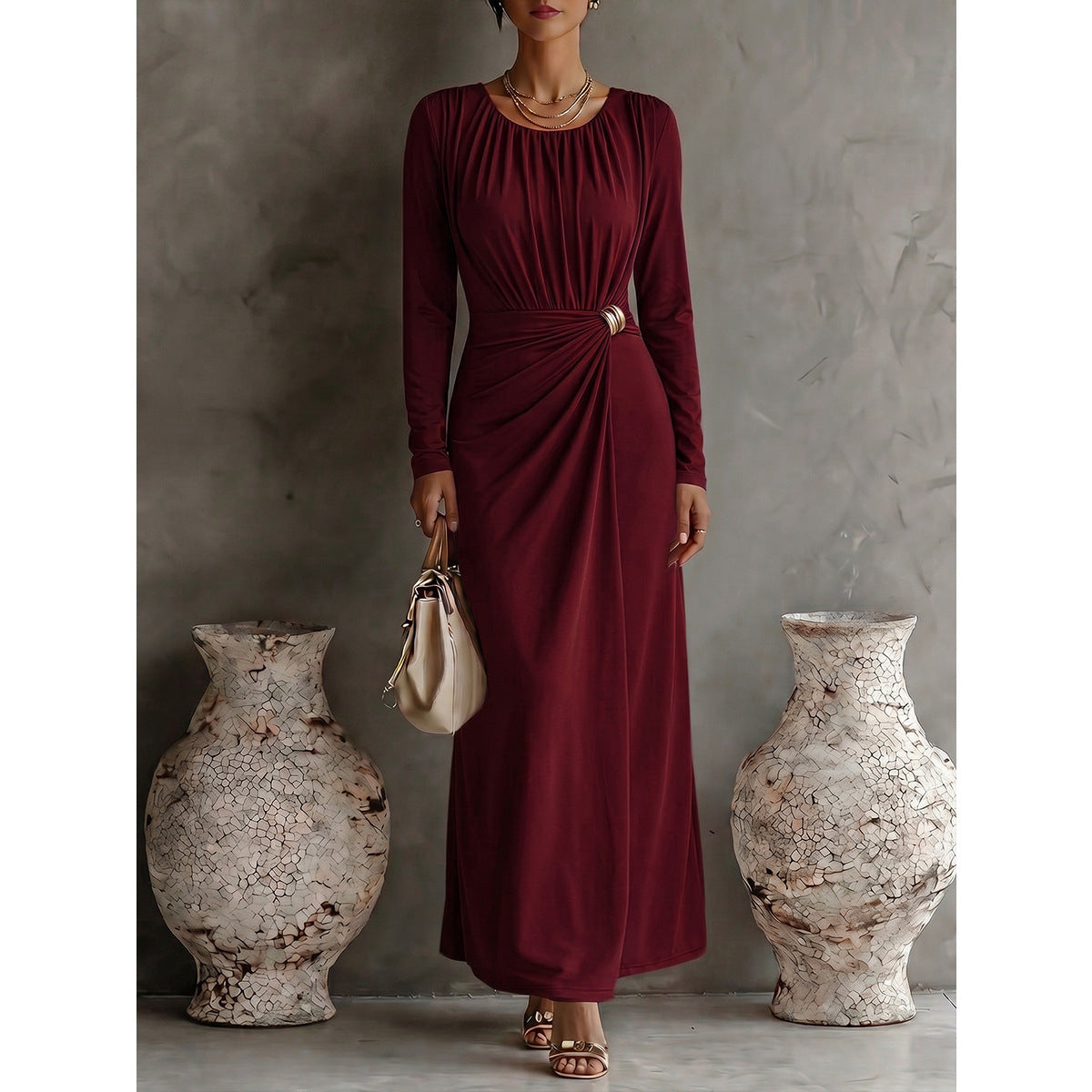 Ruched Long Sleeve Bodycon Maxi Evening Dress