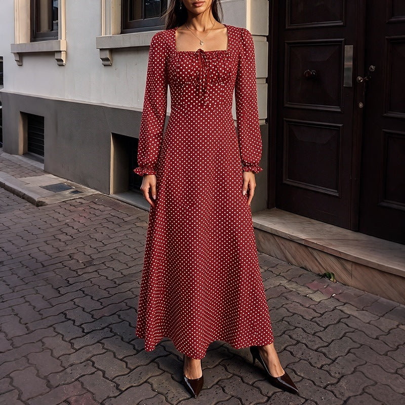 Red Polka Dot Square Neck Long Sleeve Maxi Dress