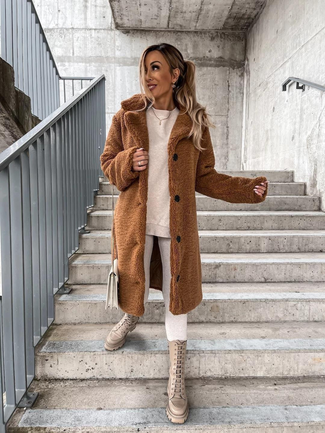 Women's Teddy Coat Button Front Fleece Lapel Long Sleeve