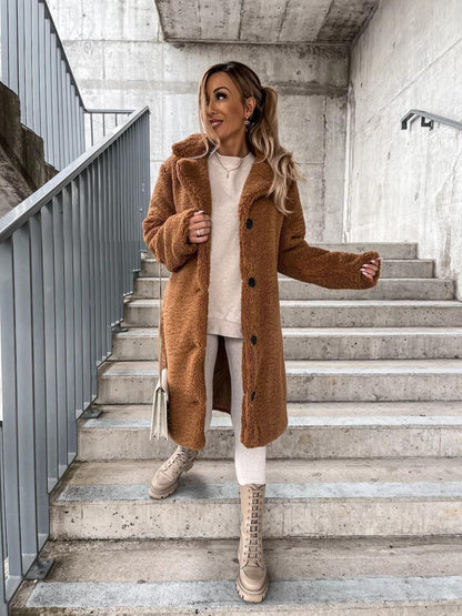 Women's Teddy Coat Button Front Fleece Lapel Long Sleeve