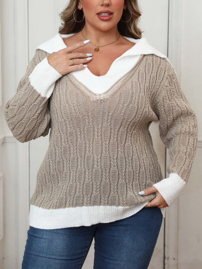 Women's Contrasting Color Splicing Lapel Long-sleeved Sweater