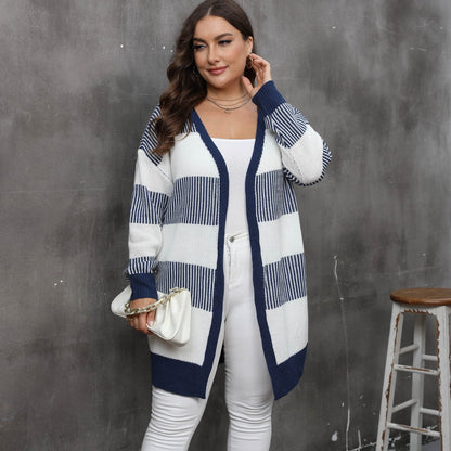 Women's contrasting striped splicing long-sleeved women's casual cardigan jacket