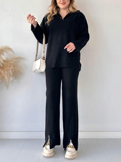 Women's Ribbed Half Zip Knit Lounge Set 2 Piece