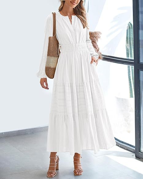 Women's V-Neck Long Sleeve Tiered Maxi Smocked Cotton Dress
