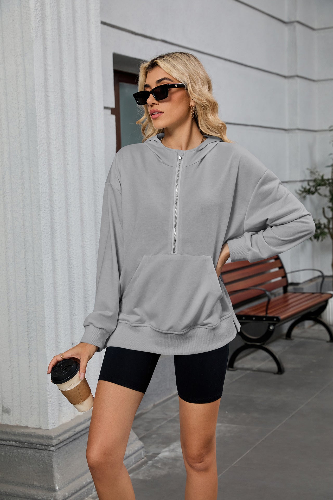 Womens Half Zip Hoodie Oversized Pocket Sweatshirt