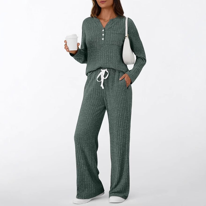 Women's Ribbed Henley Lounge Set Wide Leg Pants 2Pc